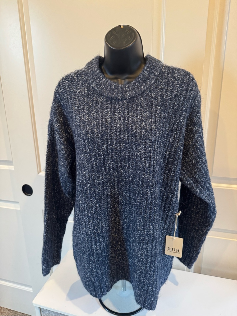 a.n.a Navy Textured Knit Crewneck Sweater - Tunic